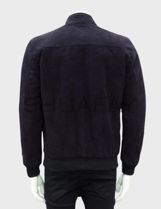 SHUAFAY Black suede bomber jacket with subtle embossed logo detailing. Perfect for a luxurious, edgy street style look. Crafted from high-quality suede for durability and comfort.