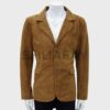 Shuafay men's brown suede blazer with classic lapels and two-button closure, stylish and luxurious for premium biker lifestyle.