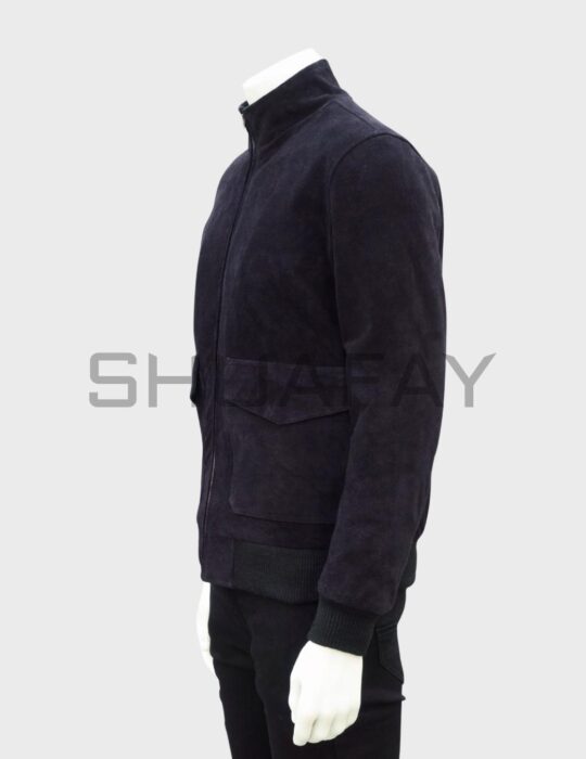 SHUAFAY men's bomber jacket in premium black leather, featuring a sleek zip-up front and patch pockets for a stylish, edgy look. Perfect for motorcycle enthusiasts and luxury lifestyle.