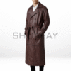 SHUAFAY Leather Trench Coat in rich brown leather, featuring a classic double-breasted design with a waist belt for a luxurious, timeless biker-inspired look. Perfect for stylish cold-weather wear.