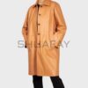 Luxury tan leather coat by SHUAFAY, stylish overcoat with minimalist design, button closure, and timeless appeal, perfect for upscale outdoor fashion.