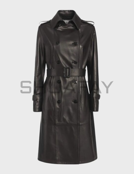 SHUAFAY Black Leather Trench Coat with Belt and Double-Breasted Design, perfect for luxury biker style and sophisticated streetwear statements.