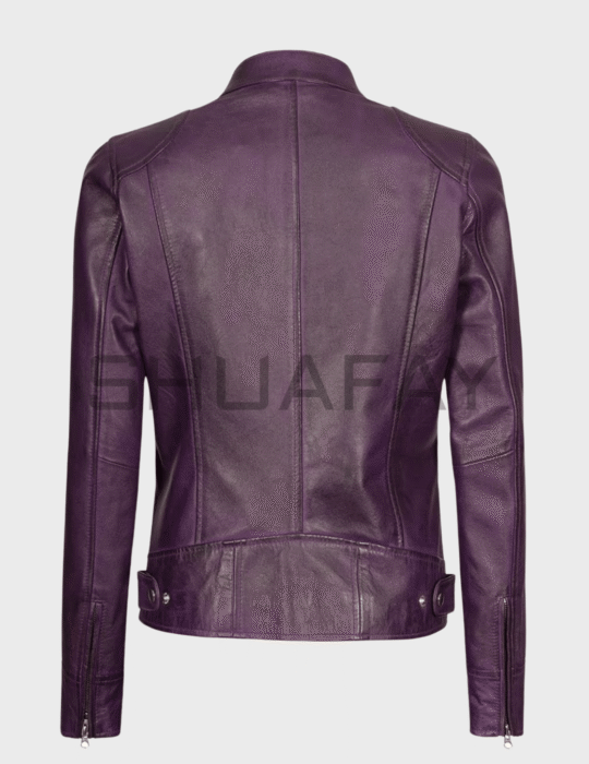 Shufay Purple Leather Biker Jacket showcasing premium craftsmanship and edgy style. Excellent for any luxury biker wardrobe and perfect for making a bold fashion statement.