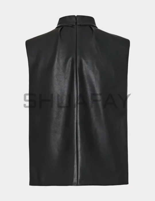SHUAFAY Black Leather Biker Vest with Stand Collar, premium luxury leather motorcycle gear with sleek minimalist design.