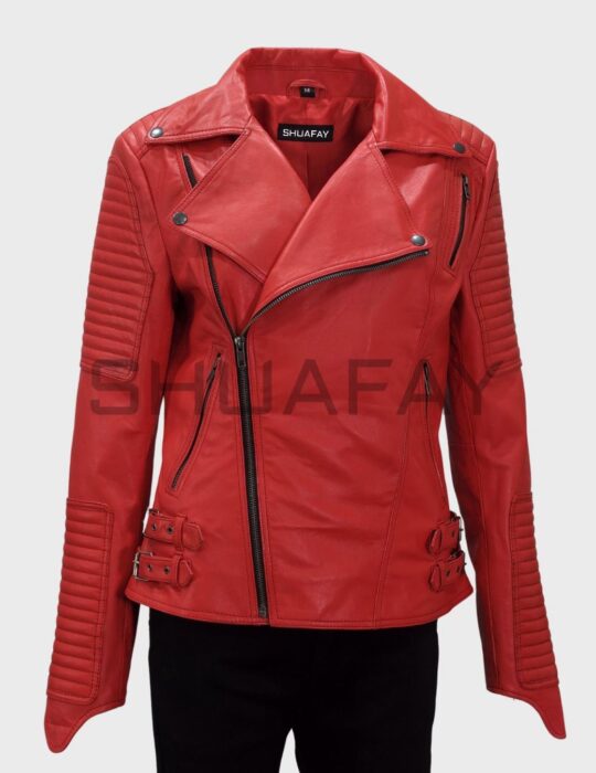 SHUAFAY Vintage Red Leather Biker Jacket with quilted shoulder details, zippered cuffs, and adjustable side buckles, crafted for luxury motorcycling style.