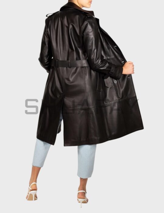 SHUAFAY Black Leather Trench Coat with Belt, oversized biker style, luxury leather outerwear for women. Perfect for edgy fashion and motorcycle gear.