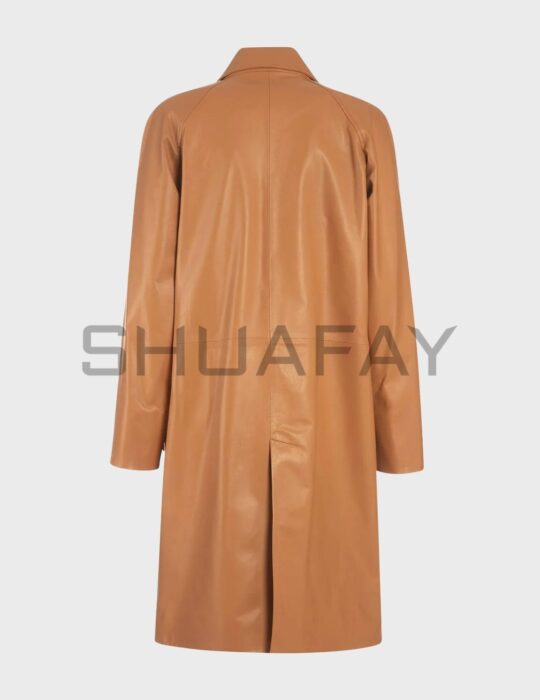 SHUAFAY Leather Trench Coat in Tan - Luxury biker gear and lifestyle statement piece with premium leather, timeless design, and rugged sophistication. Perfect for urban chic and outdoor adventures.