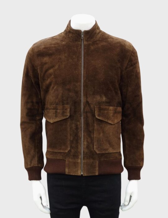 Shuafay distressed leather bomber jacket with front zipper closure and flap pockets in rich brown color.