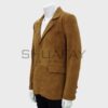 SHUAFAY Camel Suede Leather Blazer with Classic Tailoring and Button Details.