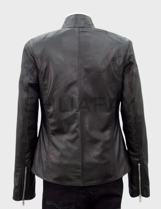 SHUAFAY Black Leather Biker Jacket with Zipper Details.