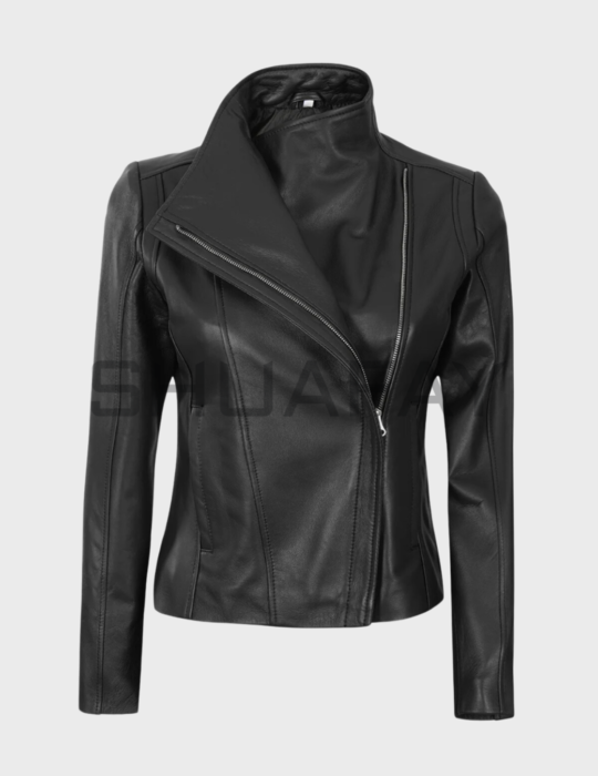 SHUAFAY Genuine Black Leather Motorcycle Jacket with Asymmetric Zip Closure, Slim Fit Design, and Durable Craftsmanship for Biker Enthusiasts. Perfect for a Luxurious, Edgy Lifestyle.
