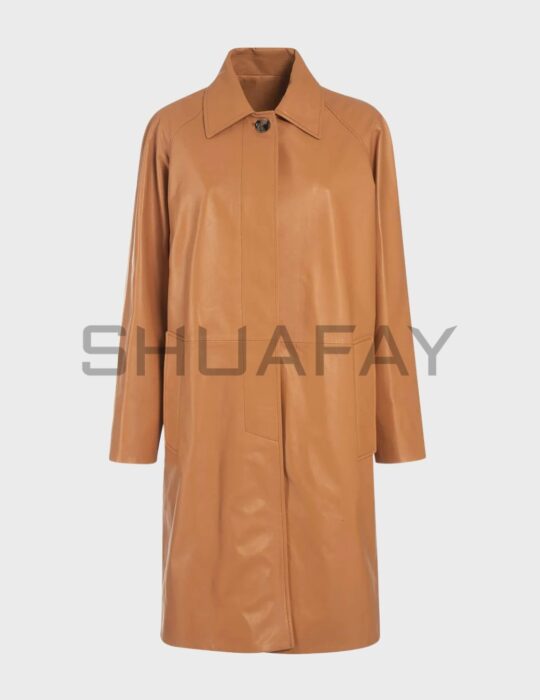 SHUAFAY Leather Trench Coat in rich caramel color, crafted from premium leather for a timeless, luxurious biker lifestyle statement piece.