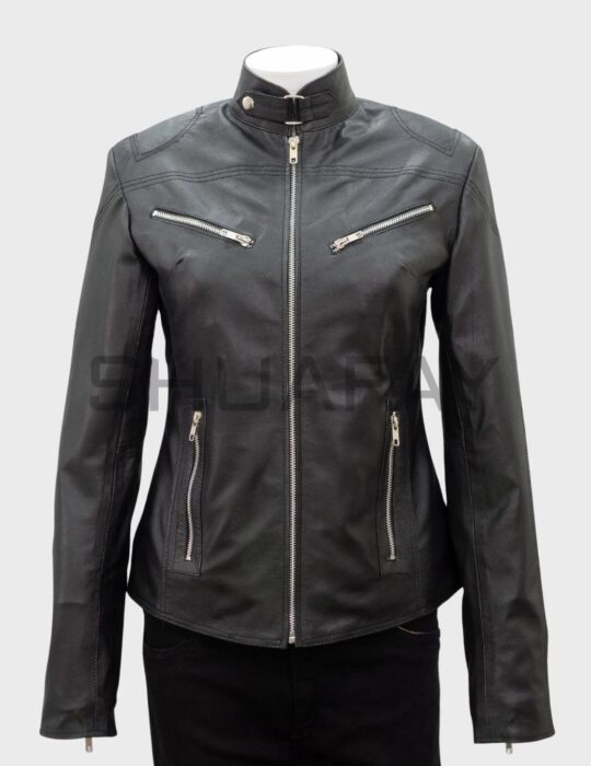 SHUAFAY Black Leather Motorcycle Jacket with Silver Zippers for Biker Style.