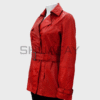 SHUAFAY Red Leather Trench Coat with Belt, Premium Biker Style, Luxurious and Durable Leather, Perfect for Fashion-Forward Looks.