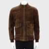 Shuafay distressed leather bomber jacket with front zipper closure and flap pockets in rich brown color.