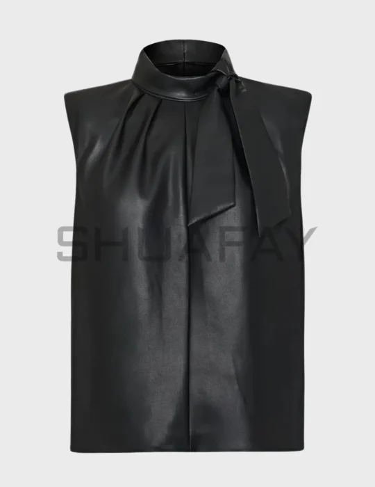 SHUAFAY Black Leather Sleeveless Top with Neck Tie for a sleek, edgy look. Perfect for luxury biker style and modern lifestyle statement. Crafted from premium leather for comfort and durability.