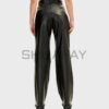 SHUAFAY Black Faux Leather Wide-Leg Pants, high-quality biker-inspired trousers with a sleek finish and comfortable fit. Perfect for luxury leather and moto style enthusiasts.