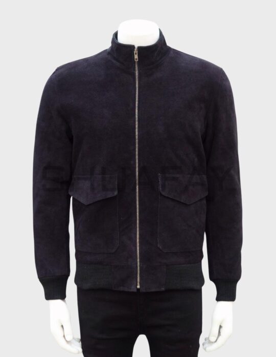 SHUAFAY black suede bomber jacket with zip closure and front pockets. Perfect for luxury biker style, crafted with premium materials for a sophisticated look.