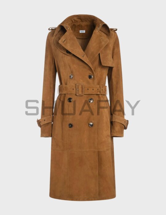SHUAFAY Saddle Leather Trench Coat, premium cognac leather with double-breasted design, belt, and classic biker style for a luxurious lifestyle statement.