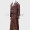 SHUAFAY Leather Trench Coat in rich brown leather, featuring a classic double-breasted design with a waist belt for a luxurious, timeless biker-inspired look. Perfect for stylish cold-weather wear.