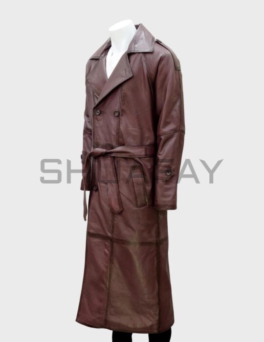 SHUAFAY Leather Trench Coat in rich brown leather, featuring a classic double-breasted design with a waist belt for a luxurious, timeless biker-inspired look. Perfect for stylish cold-weather wear.