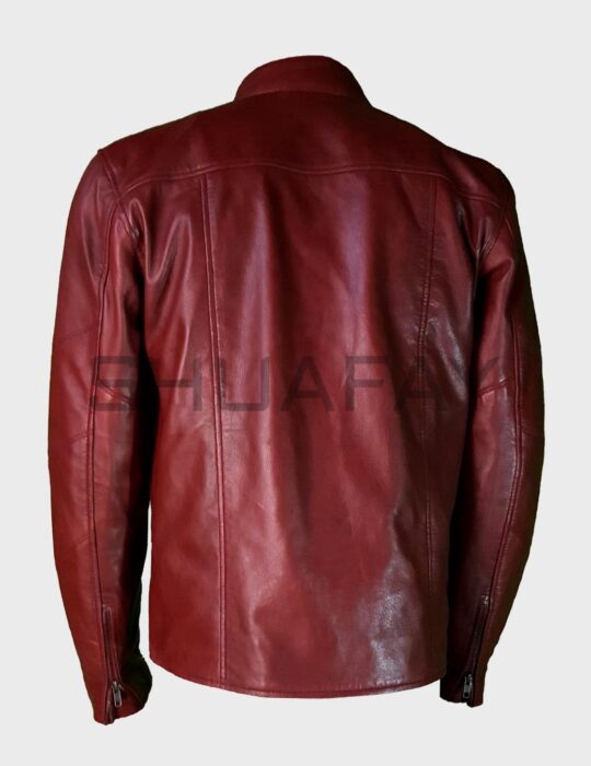 ShuaFAY Red Leather Motorcycle Jacket with Zipper Details and Classic Design.