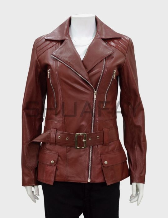 ShuaFAY Women Leather Biker Jacket with Belt, Red, Premium Leather, Stylish Motorcycle Fashion, Luxury Road Wear, Women's Outerwear, High-Quality Craftsmanship, Trendy and Durable.