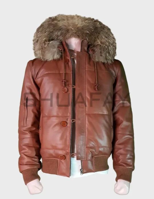 SHUAFAY men's luxury leather bomber jacket with fur-lined hood and ribbed cuffs. Perfect for streetwear and biker style, crafted from premium leather for durability and sophistication.