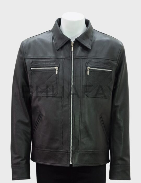 SHUAFAY Leather Biker Jacket with Zipper Pockets and Classic Fit, crafted from premium leather for a sophisticated and durable look. Perfect for luxury bikers and lifestyle enthusiasts.