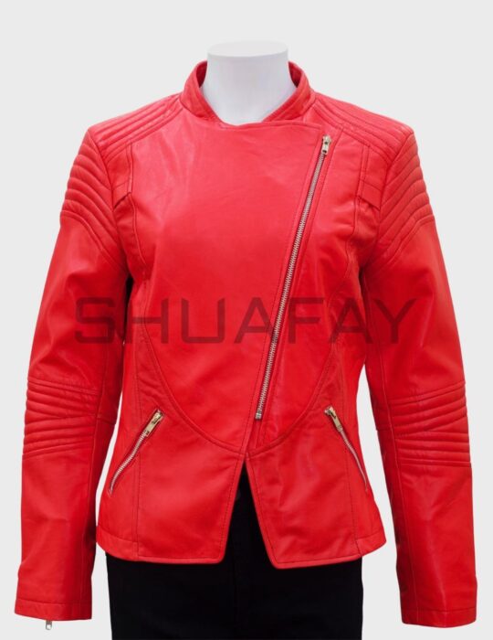 SHUAFAY Red Leather Moto Jacket with Zipper Detailing and Quilted Shoulder Accents.