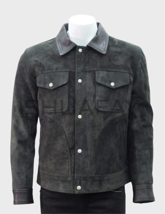 SHUAFAY distressed black leather jacket with snap buttons, chest pockets, and leather collar, perfect for luxury biker style and lifestyle fashion.