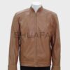 Shuafay Classic Tan Leather Biker Jacket with Zipper Closure and Stand Collar, Premium Men's Casual Motorcycle Leather Coat, Stylish and Durable Fashion Outerwear.