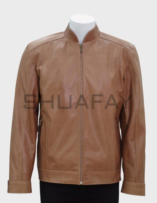 Shuafay Classic Tan Leather Biker Jacket with Zipper Closure and Stand Collar, Premium Men's Casual Motorcycle Leather Coat, Stylish and Durable Fashion Outerwear.