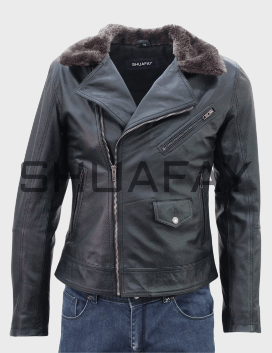 SHUAFAY men's black leather biker jacket with faux fur collar, premium craftsmanship, stylish and durable, perfect for luxury motorcycling and lifestyle.