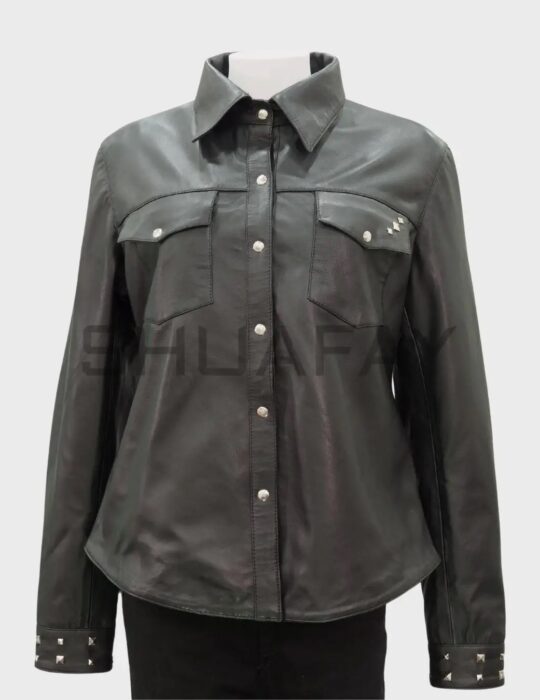 SHUAFAY Black Leather Western Shirt with Silver Studded Accents.