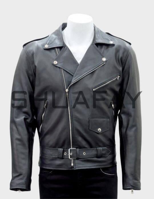 SHUAFAY Black Leather Biker Jacket with Silver Hardware, Perfect for Luxe Motorcycle Style and Premium Lifestyle Fashion.