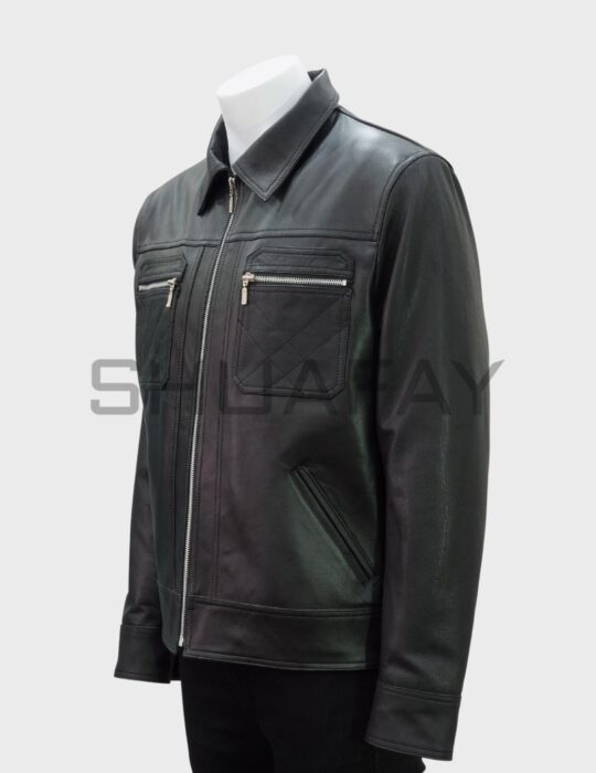 SHUAFAY Classic Leather Bomber Jacket with Multiple Zipper Pockets, Black Biker Leather Outerwear.