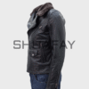SHUAFAY Black Leather Motorcycle Jacket with Fur Collar and Multiple Zipper Pockets, Premium Biker Gear for Luxury Lifestyle.