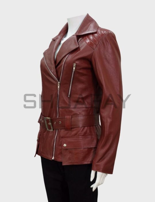 SHUAFAY Leather Biker Jacket with Adjustable Belt and Gold Zippers, premium red leather craftsmanship.