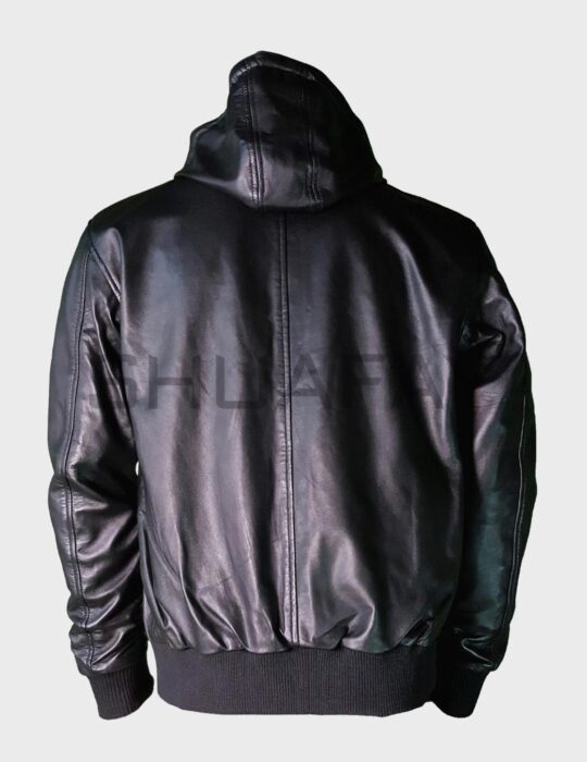 ShuaFAY Leather Biker Jacket with Hood, premium black genuine leather, stylish and durable outerwear for motorcycle enthusiasts and fashion lovers. Perfect for edgy, luxury streetwear looks.