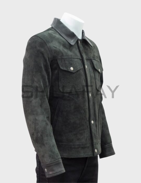 SHUAFAY Men's Distressed Black Leather and Canvas Jacket with Snap-Button Flap Pockets and Leather Collar.