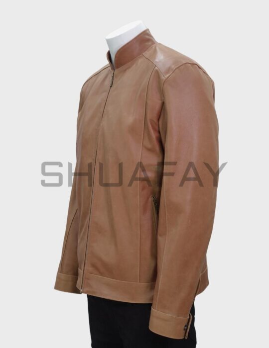 SHUAFAY Men's Tan Leather Jacket with Stand Collar and Zipper Closure for Biker Lifestyle.