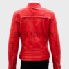 SHUAFAY red leather biker jacket with quilted details on sleeves and back, featuring zippers at the cuffs for a sleek, edgy look. Perfect for stylish streetwear and motorcycle enthusiasts.