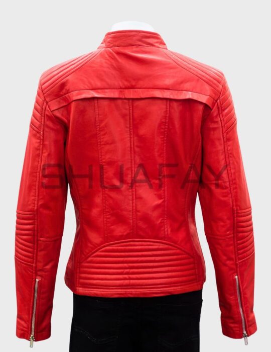SHUAFAY red leather biker jacket with quilted details on sleeves and back, featuring zippers at the cuffs for a sleek, edgy look. Perfect for stylish streetwear and motorcycle enthusiasts.