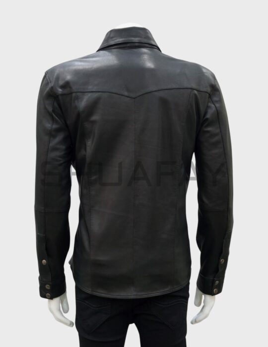 SHUAFAY Black Leather Moto Jacket with Classic Stitch Detailing and Snap Button Cuffs.