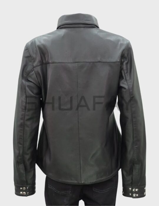 Shuafay genuine leather biker jacket back view, black men's stylish leather motorcycle jacket, premium biker gear for men, luxury leather apparel by SHUAFAY.