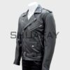 SHUAFAY men's black leather biker jacket with silver zippers and epaulets, premium textured leather, modern design for luxury biker lifestyle.