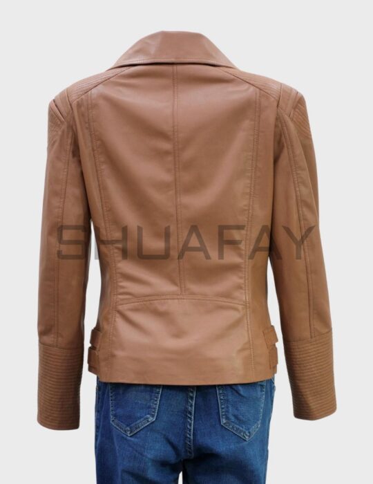 SHUAFAY men's tan leather biker jacket with quilted sleeve accents and classic collar.