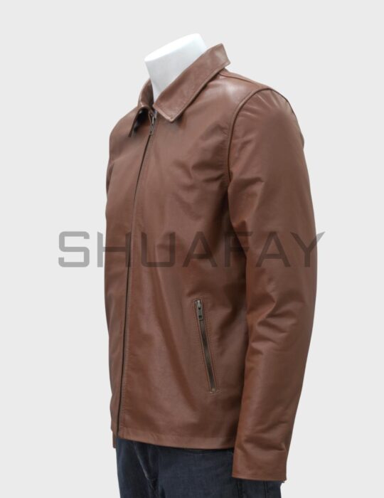 SHUAFAY Leather Biker Jacket with Zipper Pockets, Brown Leather Motorcycle Coat for Men, Premium Casual Outerwear.