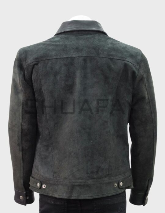SHUAFAY men's black distressed leather jacket with snap button details.